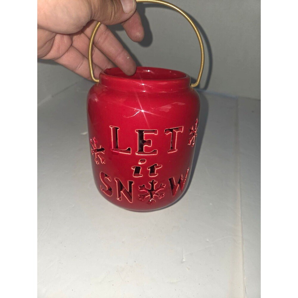 Red Ceramic "Let It Snow" Tea Light Candle Holder w/ Gold Handle, Glossy